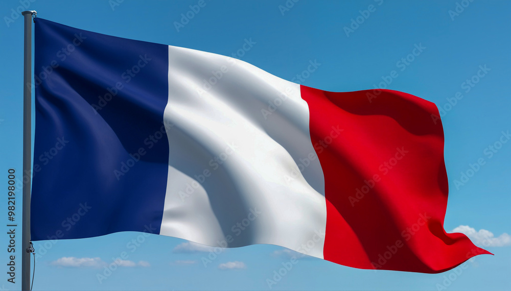 Fototapeta premium The French flag flutters in the clear sky. Generative AI
