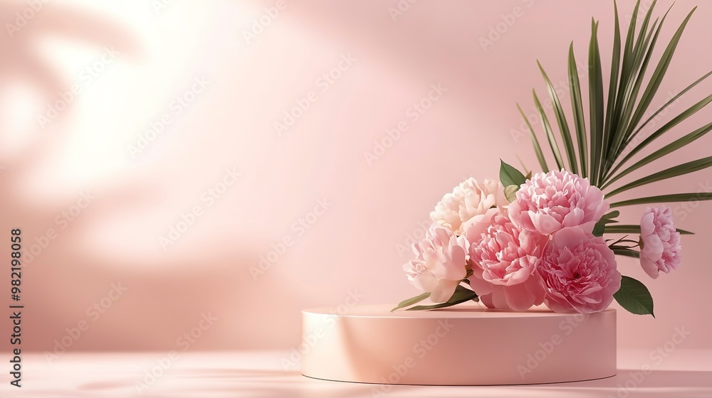3d podium display pastel pink background with rose flowers peonies flower and palm leaf shadow minimal pedestal for beauty cosmetic product peach fuzz 3d podium display pastel pink background with rose flowers peonies flower and palm leaf shadow minimal pedestal for beauty cosmetic product peach fuzz