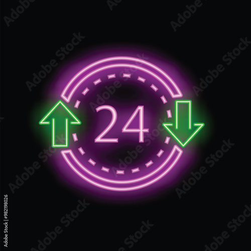Neon sign is glowing against a black background, indicating twenty four seven opening hours