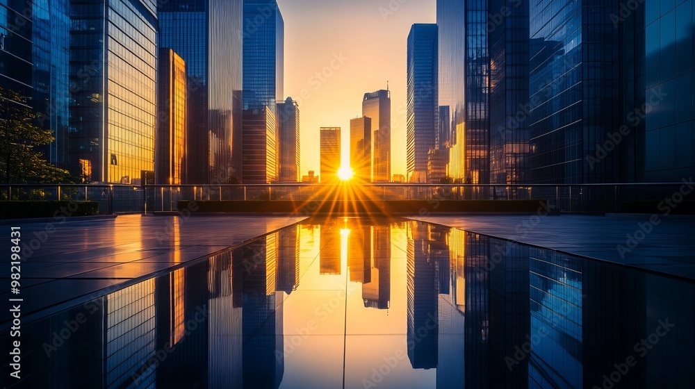 Urban Sunrise Reflection in Modern Cityscape Urban Sunrise Reflection in Modern Cityscape