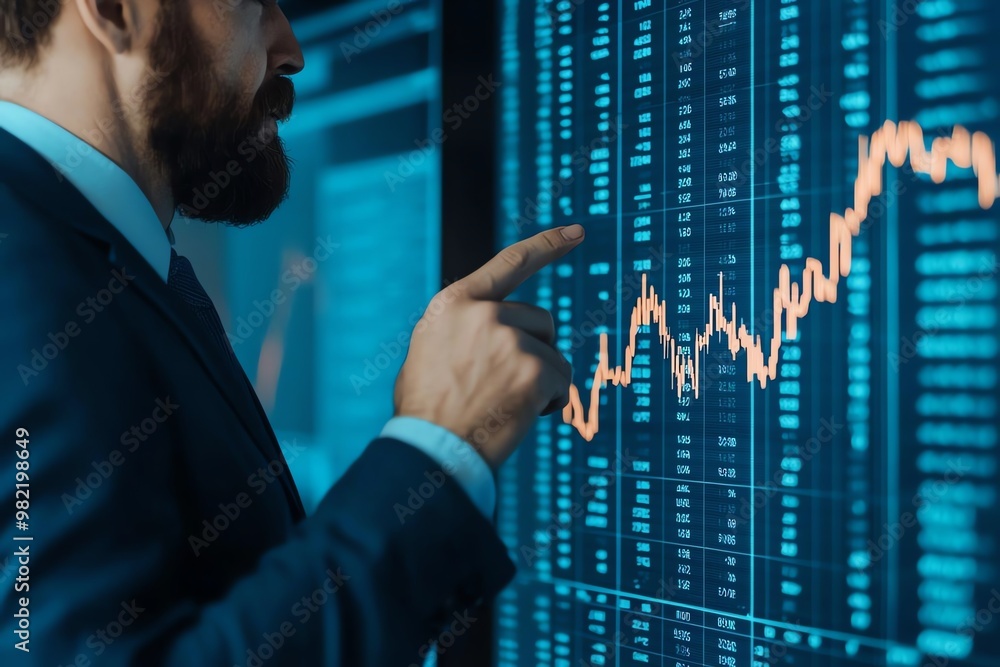 A businessman analyzes financial data on a digital screen, highlighting market trends with glowing graphs and figures. A businessman analyzes financial data on a digital screen, highlighting market trends with glowing graphs and figures.