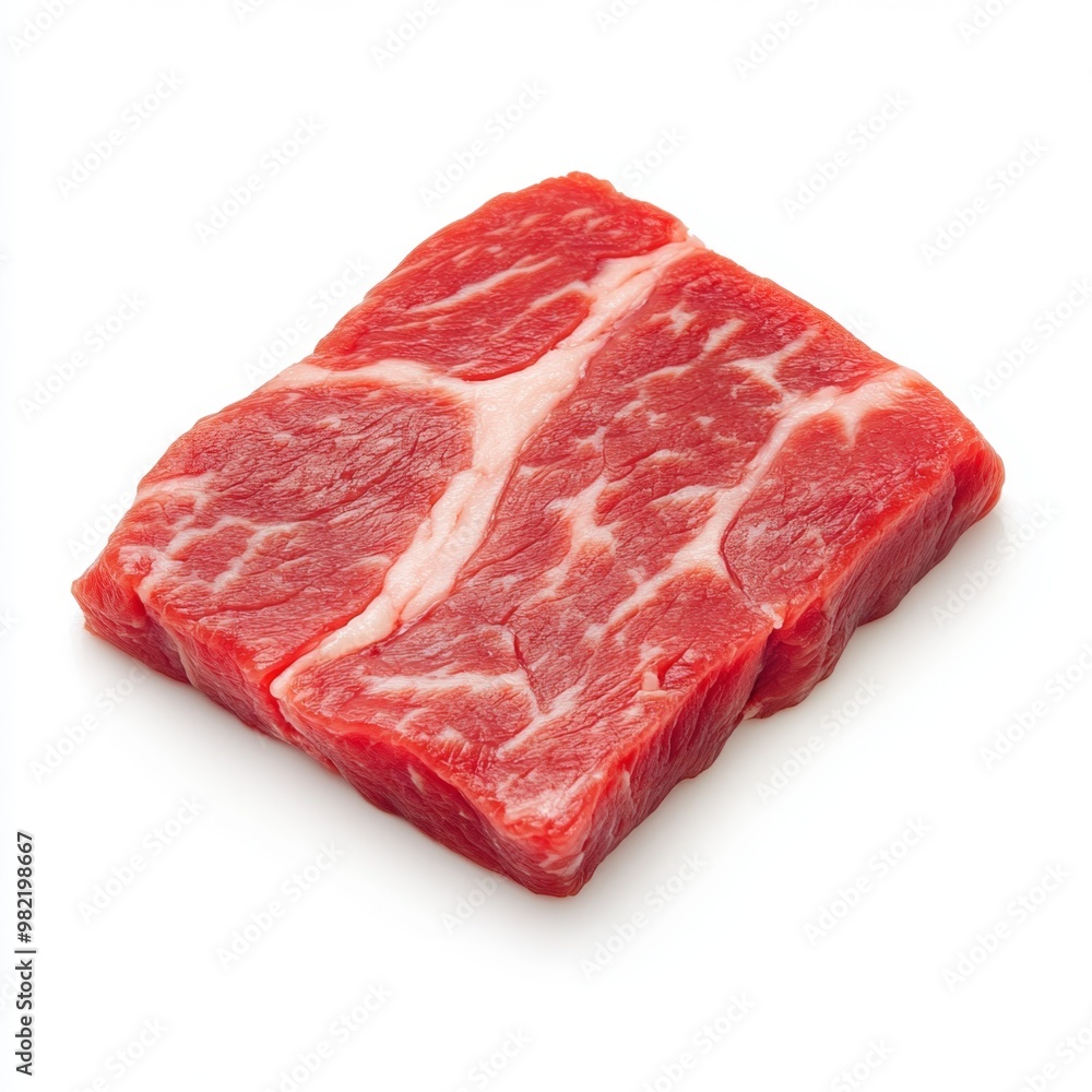 Obraz premium Perfectly Marbled Raw Beef Slice with Intricate Fat Patterns on White Background