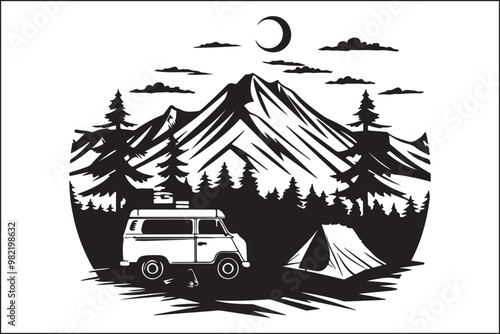 Camping Outdoor Adventure silhouette,
Wilderness,
Nature,
Tent,
Campfire,
Hiking,
Forest,
Backpacking,
Campground,
Mountain,
Travel,
Exploration,
Silhouette,
Vector,
Black and white,
Minimalist,