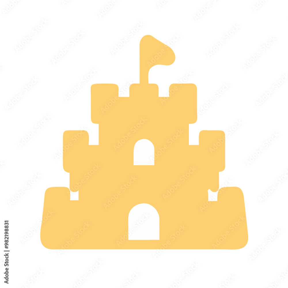 Cartoon sandcastle icon in yellow with windows and flag representing beach fun Cartoon sandcastle icon in yellow with windows and flag representing beach fun