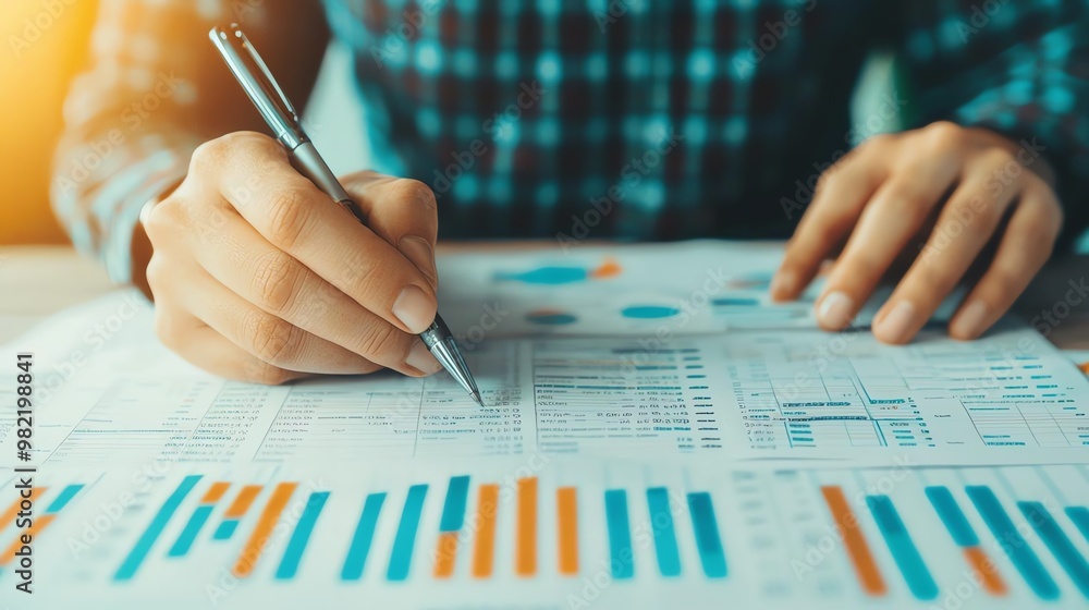A person analyzes financial graphs and data on paper while holding a pen, focusing on performance indicators and metrics. A person analyzes financial graphs and data on paper while holding a pen, focusing on performance indicators and metrics.