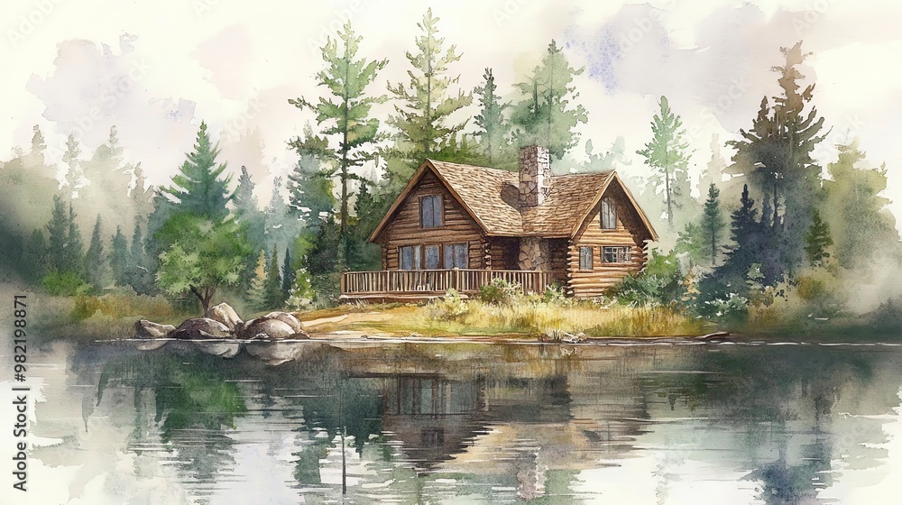 Watercolor painting of a rustic log cabin on a lake in a forest. Watercolor painting of a rustic log cabin on a lake in a forest.