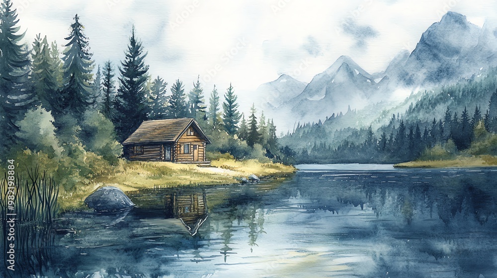 Fototapeta premium Watercolor painting of a cabin by a lake with mountains in the background.