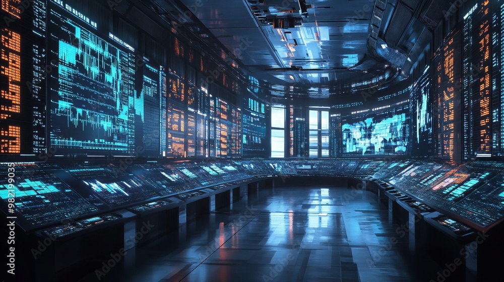 Futuristic Control Room with Digital Displays Futuristic Control Room with Digital Displays