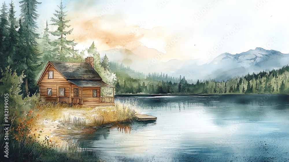 Watercolor illustration of a cozy cabin by the lake with a scenic mountain view in the background. Watercolor illustration of a cozy cabin by the lake with a scenic mountain view in the background.