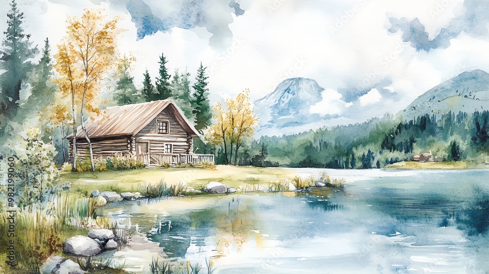 Obraz premium Watercolor painting of a cabin by a lake in the mountains.