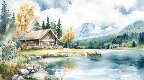 Watercolor painting of a cabin by a lake in the mountains.