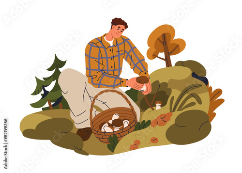 Man picking mushrooms in autumn forest. Male mushroomer kneeling and collecting, gathering fungi harvest, boletus into wicker basket in fall wood. Flat vector illustration isolated on white background