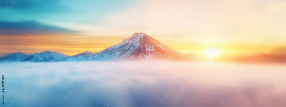 Fototapeta premium Panorama Illustration of majestic mountain peak with snow-capped slopes When the sun rises. 