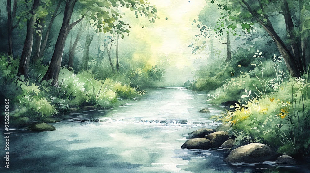 A serene watercolor painting of a river winding through a lush green forest, bathed in soft sunlight. A serene watercolor painting of a river winding through a lush green forest, bathed in soft sunlight.