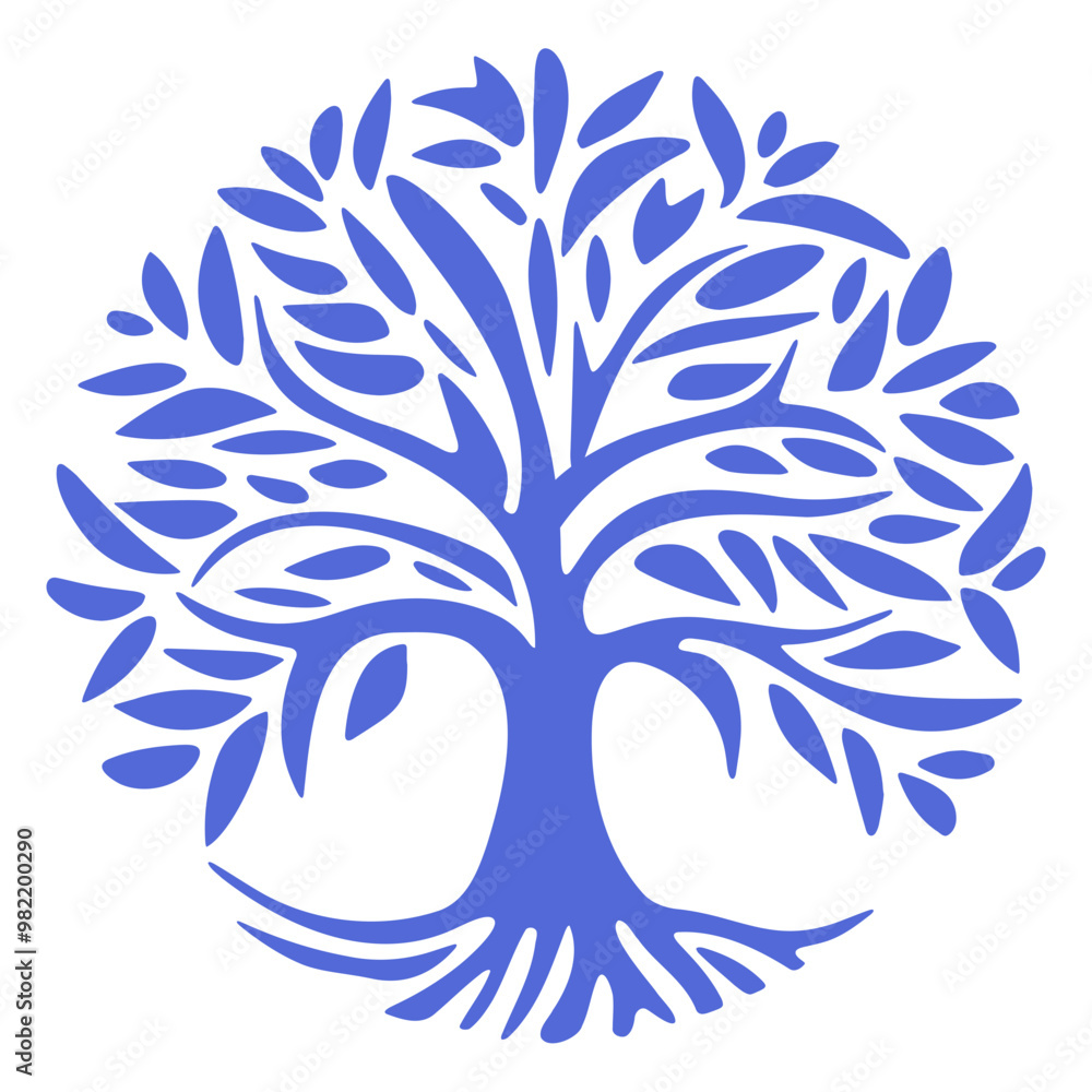 Fototapeta premium A stylized blue tree of life with abstract leaf-like shapes forming the branches and roots