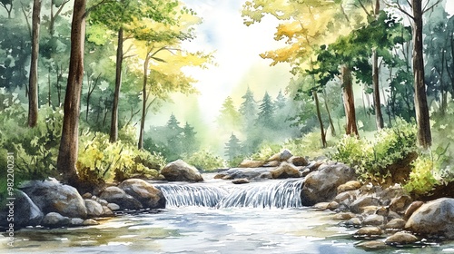 Watercolor painting of a stream cascading over rocks in a lush forest.