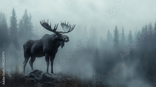 A lone moose stands on a rocky outcropping, its antlers silhouetted against a misty, forested background. .