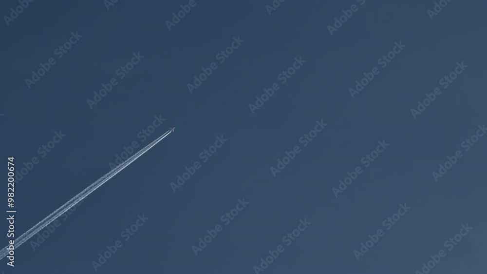 Passenger airplane in flight in clear blue sky, directly below 4K Passenger airplane in flight in clear blue sky, directly below 4K