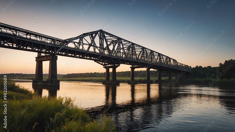Steel bridge stretching across river background Steel bridge stretching across river background