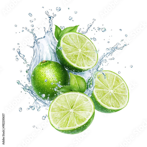 Watercolor splash of lime fruit, isolated on a white background. png