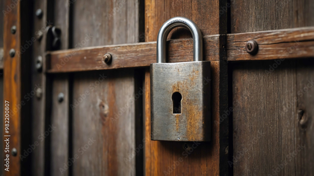 Steel padlock on old wooden door background Steel padlock on old wooden door background