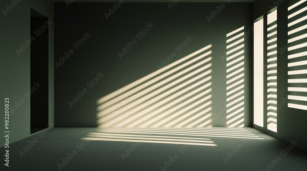 Obraz premium Sunlit Minimalism: Empty room bathed in warm sunlight streaming through window blinds, creating a serene and contemplative atmosphere. 