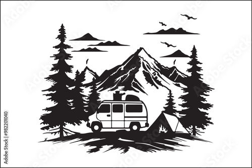 Camping Outdoor Adventure silhouette,
Wilderness,
Nature,
Tent,
Campfire,
Hiking,
Forest,
Backpacking,
Campground,
Mountain,
Travel,
Exploration,
Silhouette,
Vector,
Black and white,
Minimalist,