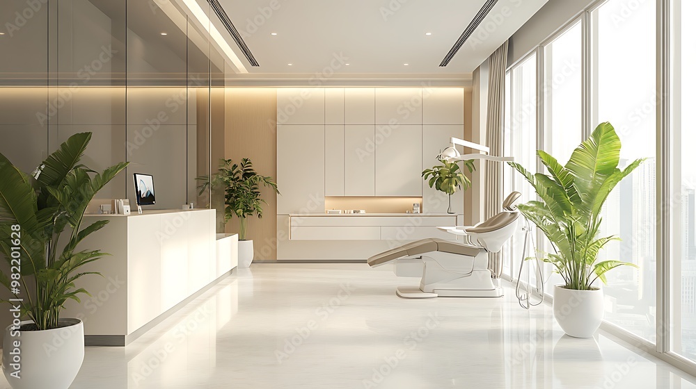 Fototapeta premium Sleek and Modern Dental Office Interior Design with Advanced Equipment and Bright Lighting