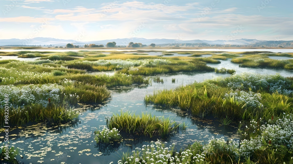 Restored Estuary with Thriving Aquatic Life and Salt Marsh Plants Showcasing Ecosystem Importance Restored Estuary with Thriving Aquatic Life and Salt Marsh Plants Showcasing Ecosystem Importance