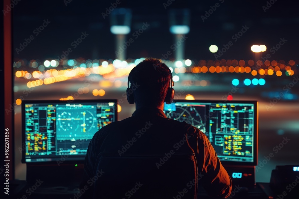 Air traffic controller overseeing runway operations during the night shift, surrounded by monitors tracking aircraft and ensuring safe landings and takeoffs Air traffic controller overseeing runway operations during the night shift, surrounded by monitors tracking aircraft and ensuring safe landings and takeoffs
