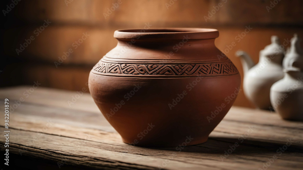 Traditional clay pot on wooden table background Traditional clay pot on wooden table background