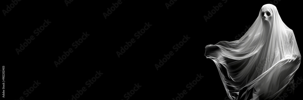 Long Halloween banner. Spooky ghost figure draped in white sheets with hollow black eyes Long Halloween banner. Spooky ghost figure draped in white sheets with hollow black eyes