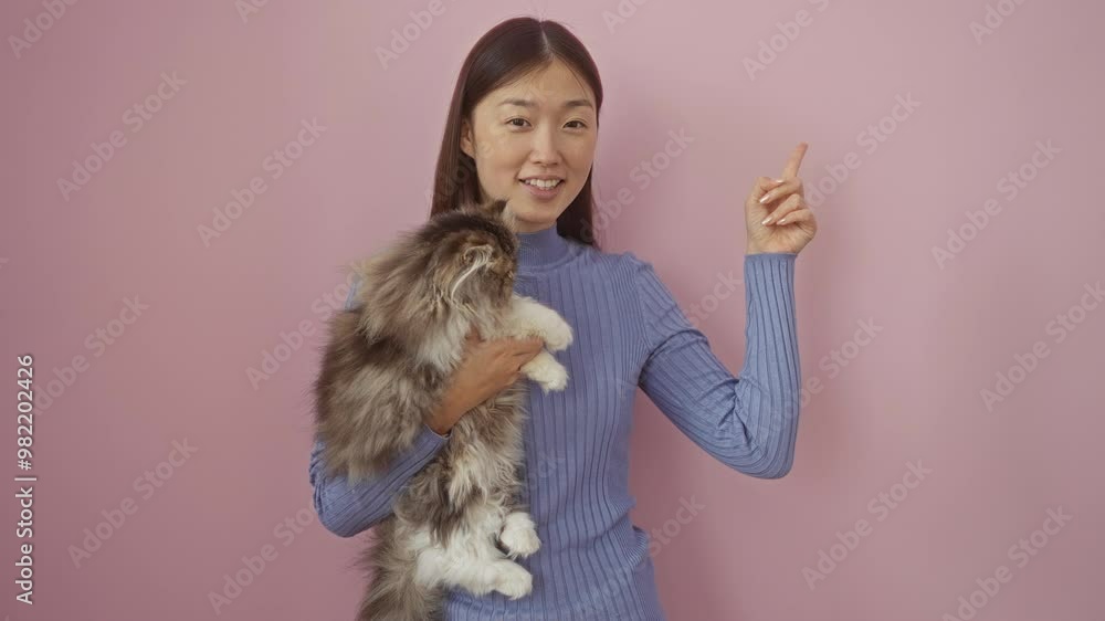 Young chinese woman and cat standing together pointing to the side, happy and smiling over isolated pink background with hand and finger Young chinese woman and cat standing together pointing to the side, happy and smiling over isolated pink background with hand and finger