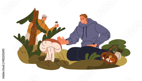Men collecting mushrooms in the autumn forest. Happy mushroomers friends, fungus pickers exploring fall nature, picking, gathering fungi. Flat vector illustration isolated on white background