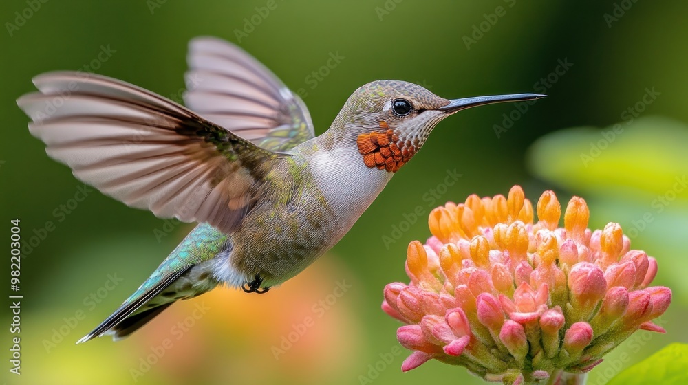 Fototapeta premium A hummingbird hovering near vibrant flowers in nature.
