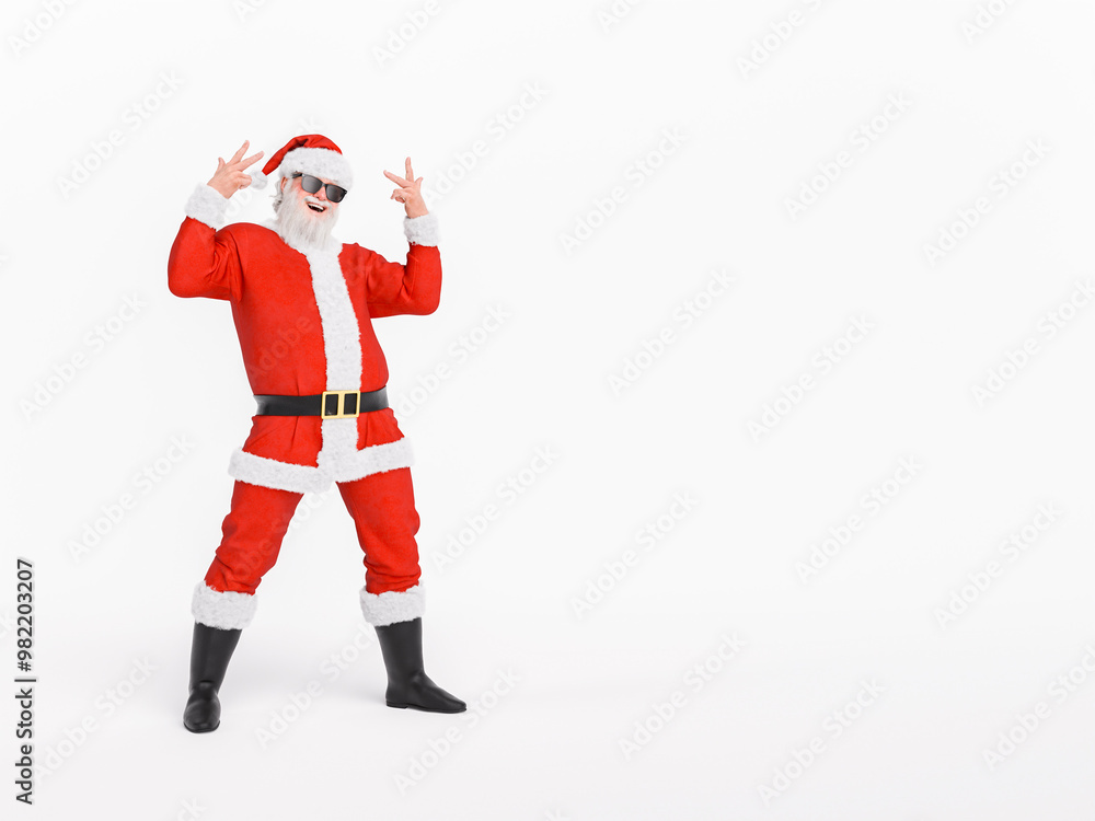 Cool santa claus wearing sunglasses is making a funny gesture on white background Cool santa claus wearing sunglasses is making a funny gesture on white background