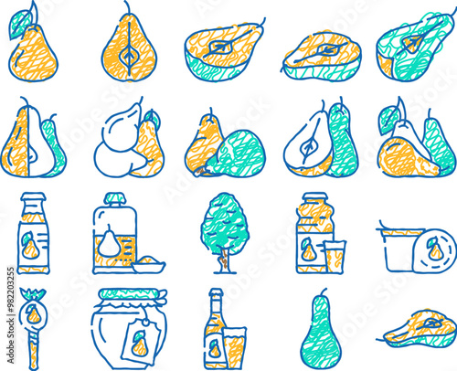 pear fruit half food slice doodle icons set vector. sketch line art white green leaf, cut fresh juicy ripe, asian organic raw piece, tree pear fruit half food slice color illustrations