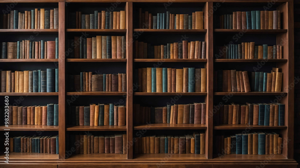 Wooden bookshelf filled with books background Wooden bookshelf filled with books background
