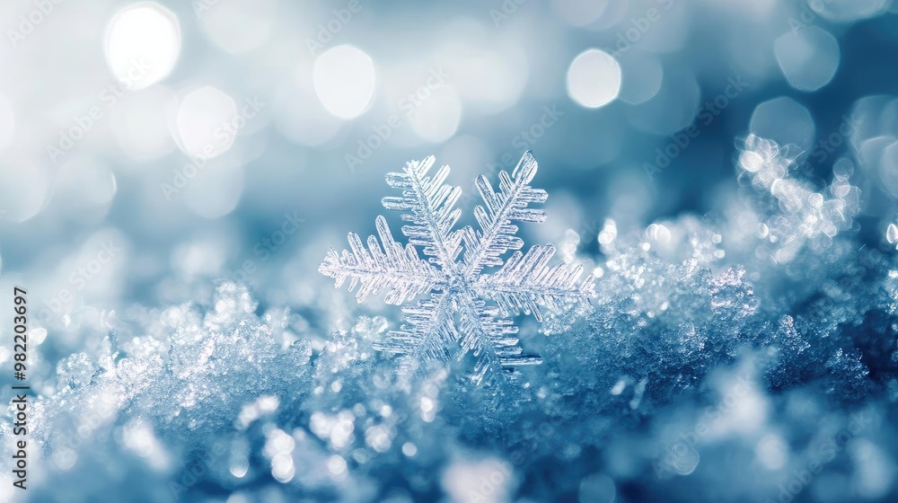 A close-up view of a delicate snowflake resting on soft snow, surrounded by a tranquil blue ambiance and sparkling ice crystals. A close-up view of a delicate snowflake resting on soft snow, surrounded by a tranquil blue ambiance and sparkling ice crystals.