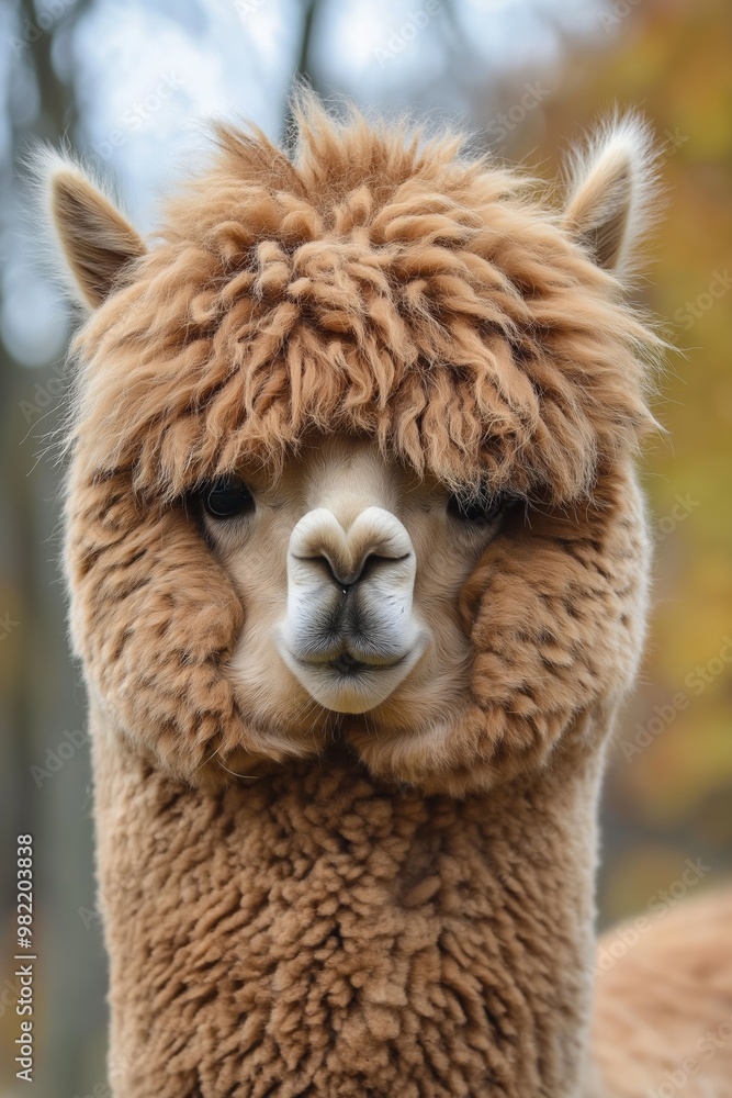 Obraz premium A brown and white llama with a big fluffy head. The llama is looking directly at the camera