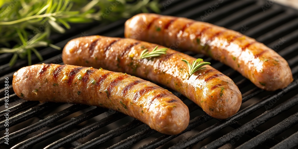 Three hot dogs are on a grill with some herbs on top. Scene is casual and relaxed, as it is a simple meal being prepared for a casual gathering or a backyard barbecue Three hot dogs are on a grill with some herbs on top. Scene is casual and relaxed, as it is a simple meal being prepared for a casual gathering or a backyard barbecue
