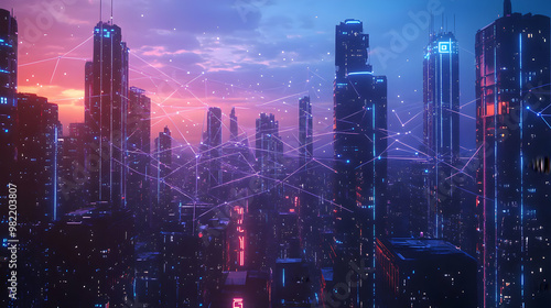 A futuristic cityscape at dusk, illuminated by vibrant lights and with digital connectivity represented through glowing lines.