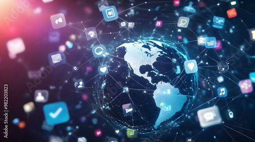 A digital representation of Earth surrounded by various social media and technology icons, symbolizing global connectivity and information exchange.