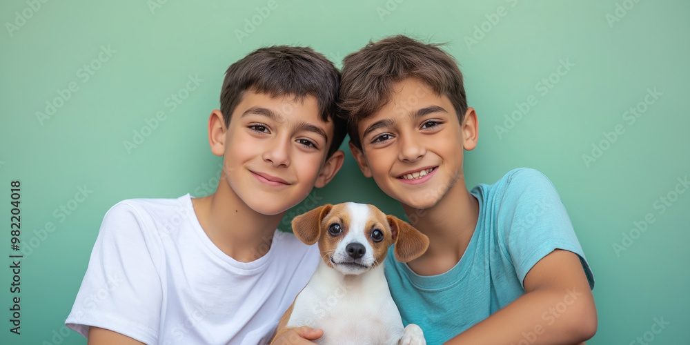 Two young boys are holding a small dog. They are smiling and seem happy. The dog is brown and white Two young boys are holding a small dog. They are smiling and seem happy. The dog is brown and white