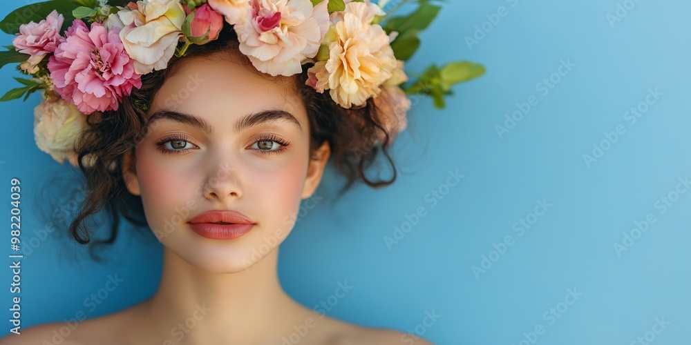 A woman with a flowery headdress is standing in front of a blue wall. Concept of beauty and elegance, as the woman's features are highlighted by the colorful flowers on her head A woman with a flowery headdress is standing in front of a blue wall. Concept of beauty and elegance, as the woman's features are highlighted by the colorful flowers on her head