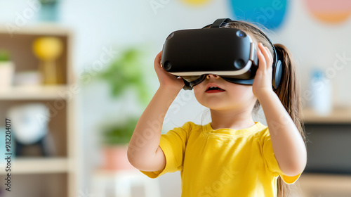 Immersive Exploration: A Child’s Fascination with Virtual Reality in a Bright and Minimalist Room Filled with Curiosity and Excitement