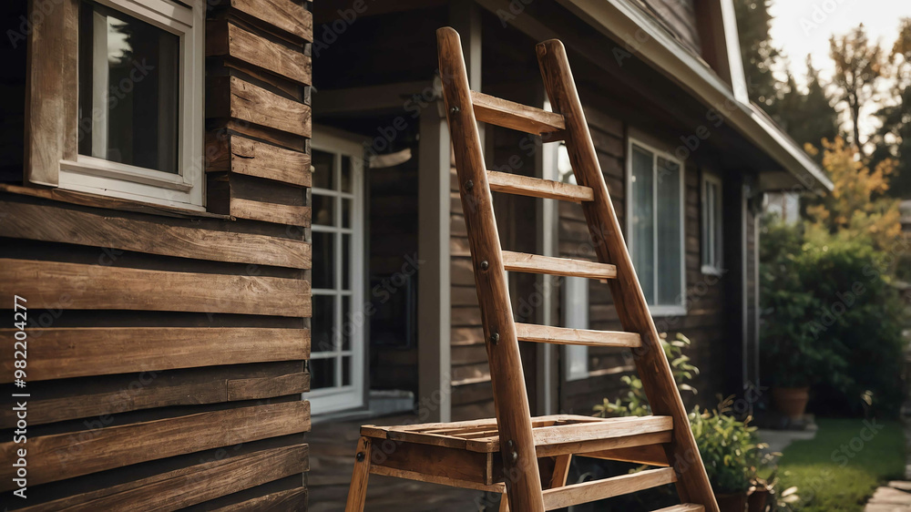 Wooden ladder leaning against house background Wooden ladder leaning against house background