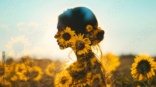 A silhouette of a woman surrounded by blooming sunflowers, evoking harmony and natural beauty in a sunny outdoor setting. photo