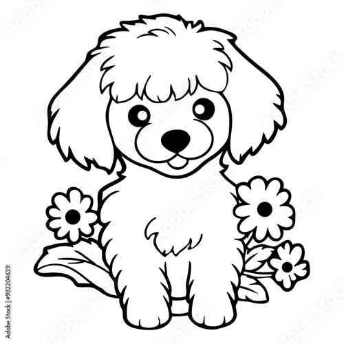 A cute white poodle puppy sitting in a field of flowers