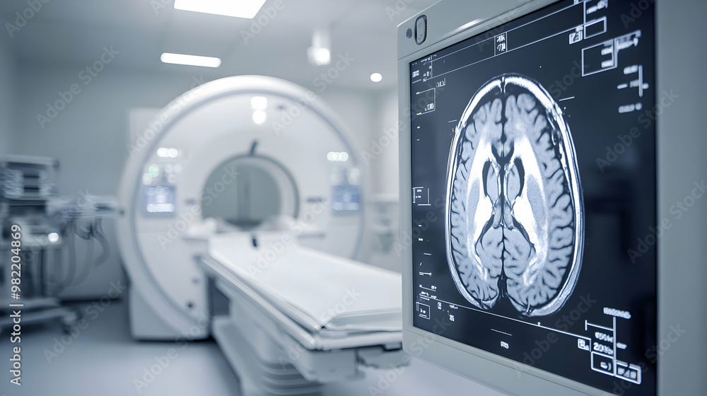 A modern MRI machine with a clear brain scan displayed on the monitor in a clinical environment. A modern MRI machine with a clear brain scan displayed on the monitor in a clinical environment.